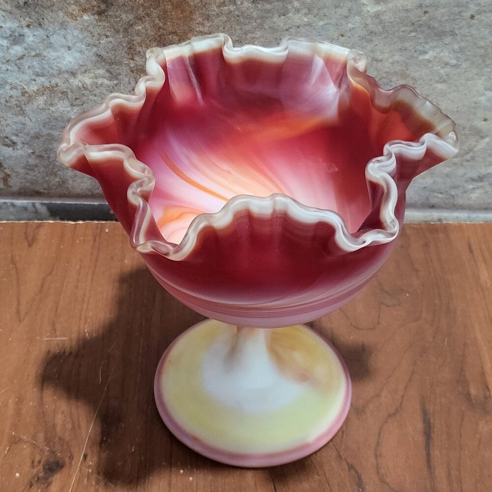Slag Glass Orange Red Swirl Crimped Candy Trinket Dish